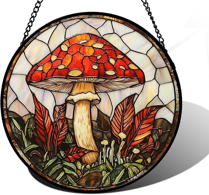Stained Glass Window Hanging, Big Red Mushroom Suncatcher for Doors Home Sun Catchers Decoration and Christmas, Mother's Day Birthday Gifts for Women, Men, and Mom 7.8 in