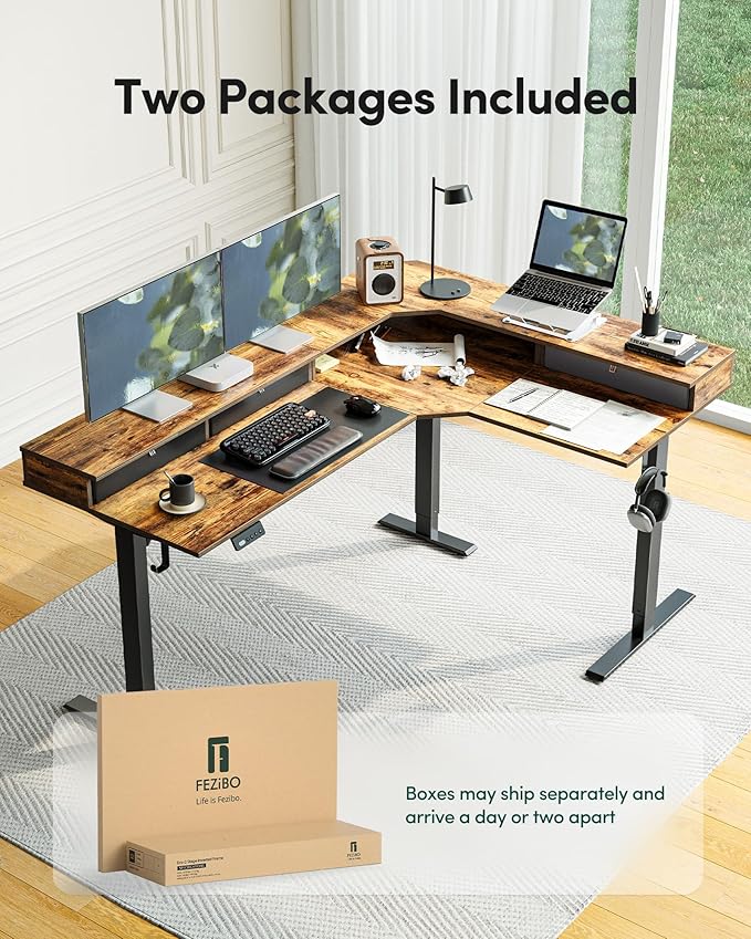 FEZIBO L Shaped Electric Standing Desk, 63x48 inch Large with Drawers | Reversible Tabletop, 2 Memory Height Settings | Home Office & Gaming Height-Adjustable Table, Rustic BrownTop/Black Frame