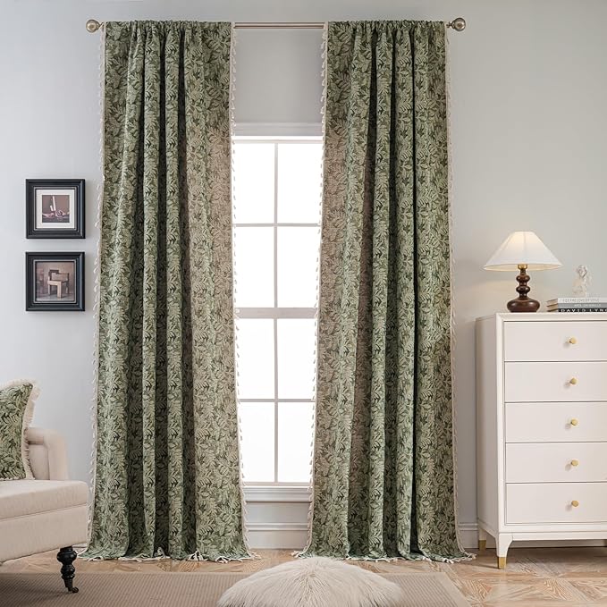 ENJOYBRIDAL Green Leaf 63 Inch Curtains 2 Panel Set Farmhouse Short Drapes Semi Sheer Rod Pocket Bedroom Rustic Window Curtain Panels Living Room Boho Aesthetic Country Tassel Window Treatments