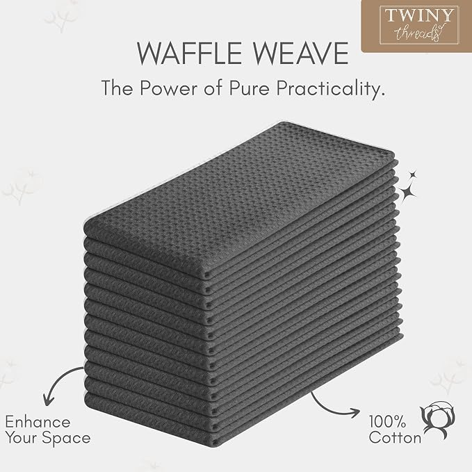 TWINY threads Grey Waffle Weave Dish Towels, 6 Pack, 16x26 Inches, Premium 100% Cotton Kitchen Linen Set, Absorbent Tea Cloths for Cleaning, Drying Dishes, Machine Washable, Durable, Quick Dry, Gray