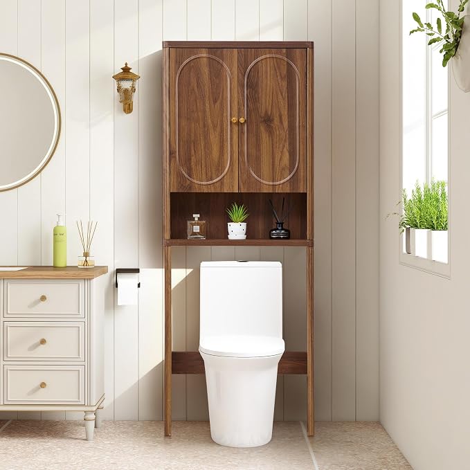 ORRD Fluted Over The Toilet Storage Cabinet, Bathroom Toilet Storage Cabinet with Door, Wood Curved Over The Toilet Space Saver Cabinets for Restroom Bathroom, Walnut