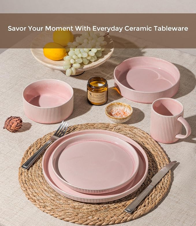 GBHOME 12-Piece Stoneware Dinnerware Set for 4 – Ribbed Ceramic Plates and Bowls, Scratch-Resistant, Microwave & Dishwasher Safe, Reactive Glaze, Blush Veil