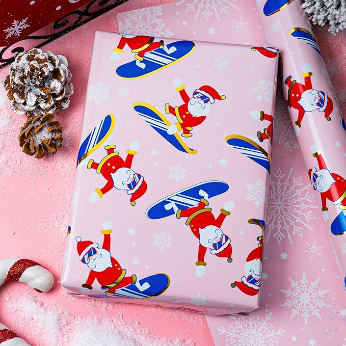 MAYPLUSS Christmas Wrapping Paper Roll - 17 Inch X 33 Feet - Skiing Santa Claus Gift Wrapping Paper Reversible Snowflake Thick Wrap Paper for Holiday Party New Year Kids