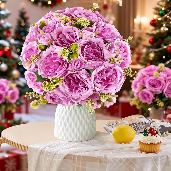 4 Packs Artificial Peonies Silk Flowers: Faux Peony Bouquet 4 Bundles, Fake Peonies Flowers Bulk for Centerpiece Table Wedding Party Home Decor for Christmas Decoration (Light Purple)