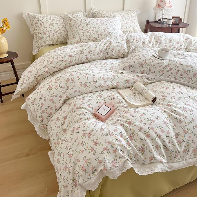 LifeTB Ruffle Duvet Cover Twin 100% Cotton Pink Flower Duvet Cover Girls Princess Lace Bedding Set Vintage Floral Botanical Comforter Cover with Chic White Ruffle Lace Cute Floral Bedding Set Twin