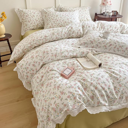 Girls Floral Ruffle Bedding Pink Flower Duvet Cover Queen Romantic Princess Lace Comforter Cover Cotton Boho Floral Duvet Cover Cute Botanical Flower Comforter Cover Ruffled Cottagecore Bedding Set