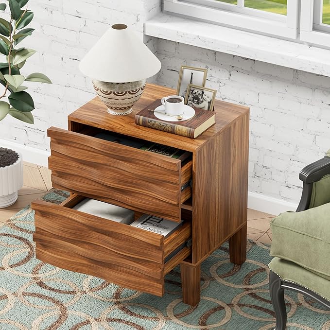 UEV Solid Wood Nightstand, 19.7" W Boho Nightstand with 2 Drawers, Fluted Wood Night Stand, Mid Century Modern Bed Side Table for Bedroom,Living Room, Natural Wood