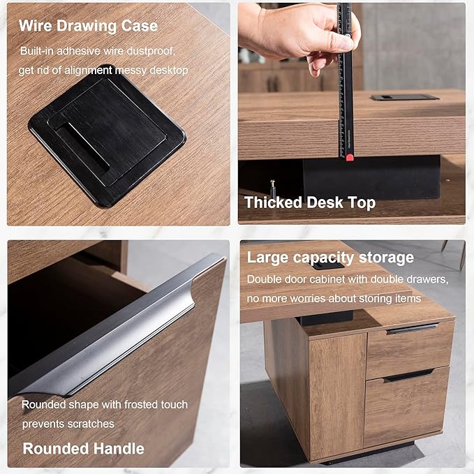 Modern Executive Desk, Rectangle Office Desk with Storage Cabinet, Width Adjustable Desks for Home Office, Business Desk Stand Under Table Storage Organizer, Wood