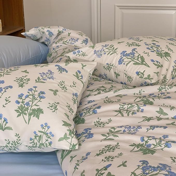HighBuy Blue Floral Comforter Set King White Green Botanical Bedding Comforter Set Bed Soft Cottagecore Blue Flowers Bedding Set Coquette Aesthetic Farmhouse,1 King Comforter with 2 Pillowcase