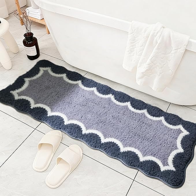 Scalloped Blue Bathroom Rugs Mat,Non Slip Absorbent Quick Dry Bath Mats for Shower Room,Plush Microfiber Bath Rug for Bathroom Floor Washable Carpet for Shower Tub Sink Bedroom,17"x47"