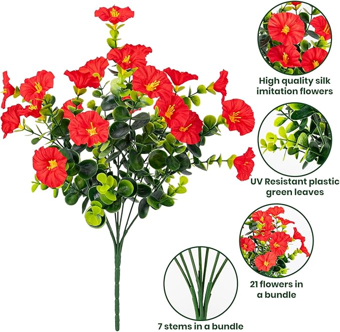 Artificial Faux Flowers for Outdoor 16 Bundles Boxwood Fake Morning Glory for Planter,UV Resistant Fake Flowers for Home Porch Patio Outside（7 Color）