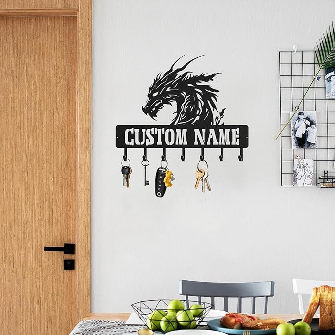 LOWACOS Personalized Dragon Key Holder, Custom Metal Dragon Key Hooks with Name, Large Black Metal Wall Hooks Rack, Custom Jacket Organizer for Gameroom, Bedroom, Entryway, Gifts for Men(8in)