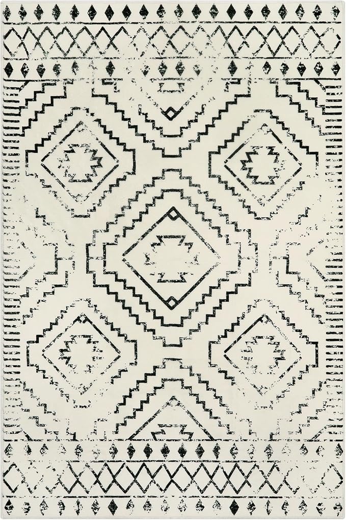 Wonnitar Moroccan 4x6 Area Rug, White Boho Rugs for Living Room, Washable Soft Large Rug for Bedroom,Non-Slip Geometric Throw Carpet, Low Pile Accent Mat for Nursery Bedside Dorm (Beige,4'x6')