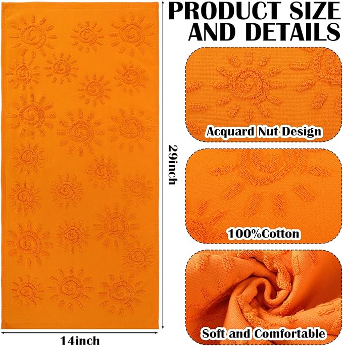 SmoothNovelty 2 Pcs Boho Hand Towels Orange Yellow Towels for Bathroom Sunshine Cotton Absorbent Jacquard Weave 3D Sun Kitchen Decor for Gift Christmas Drying Cleaning Cooking(Orange)