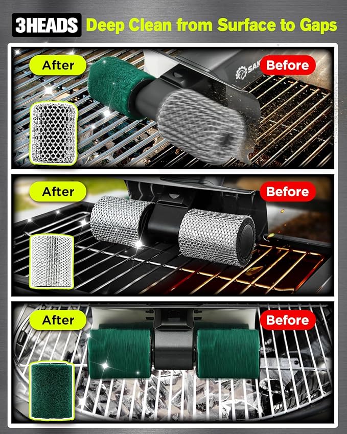 Saker Electric Grill Brush for Outdoor Grill, Bristle-Free Automatic Grill Cleaning Brush with 450 RPM & LED Light, Grill Rescue BBQ Brush Set with 3 Interchangeable Heads