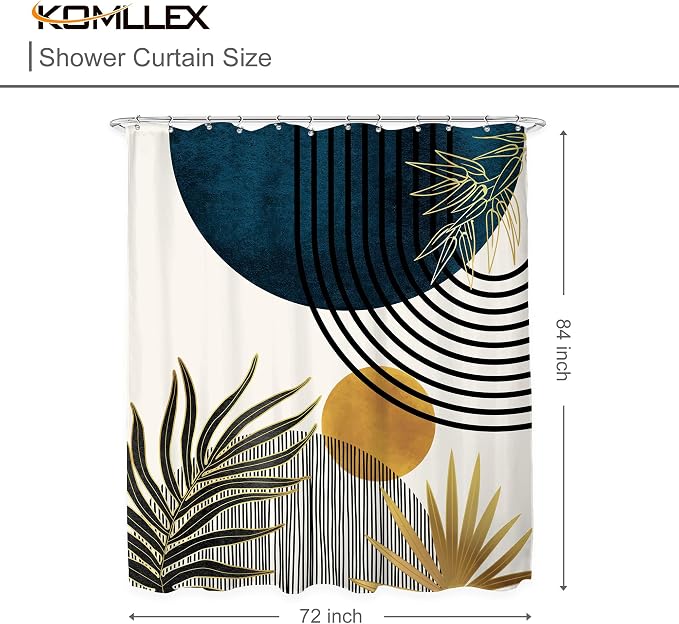 KOMLLEX Mid Century Blue Boho Shower Curtain 60Wx72L Inches Abstract Modern Blue Shower Curtains for Bathroom Decor Plant Botanical Minimalist Arch Sun Fabric Liner Waterproof Polyester 12 Pack Hooks