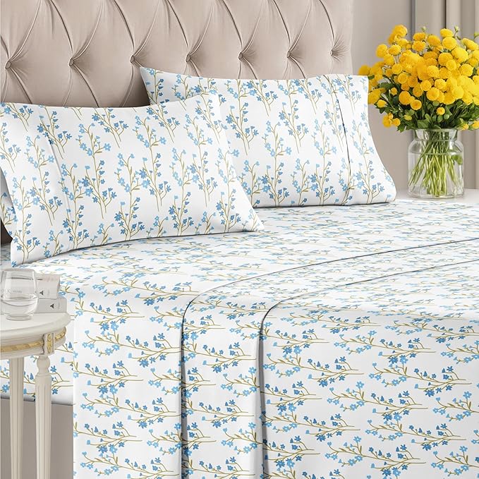 Floral Sheets - Blue Floral Bed Sheet Set - 1 Flat, 1 Fitted & 2 Pillowcases w/ Deep Pockets - Comfy, Wrinkle & Fade Free - Boho Botanical Bedding - Ultra-Soft, Breathable & Cooling - Full Size Set