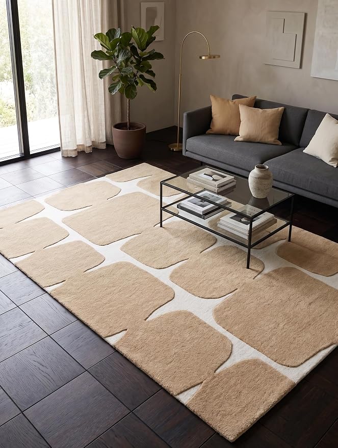 Restoration and Renovation Modern Wool Area Rug - Contemporary Abstract Geometric Design, Thick & Soft Hand-Tufted Carpet - Ideal for Indoor Decor in Living Room, Bedroom (Sand, 9' x 12')