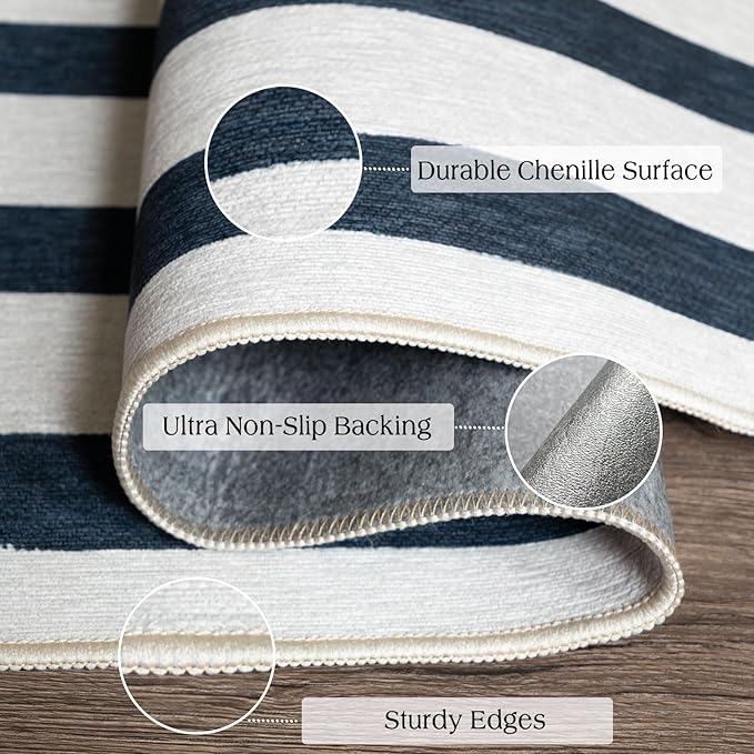 Blue and White Striped Entry Rug - 3x5 Ft Washable Indoor Outdoor Front Door Mat Outside Entrance Front Porch Mat Non-Slip Floor Carpet for Bedroom Entryway Kitchen Office Porch Decor