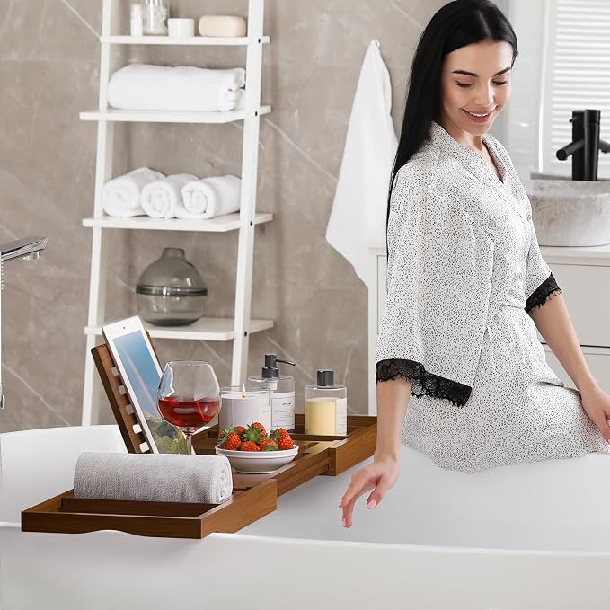 Expandable Solid Teak Wood Bathtub Caddy Tray, Adjustable Bath Tub Organizer for Bathroom Spa, Luxury Bath Accessories (Dark Natural Teak, Non‑Foldable Structure)