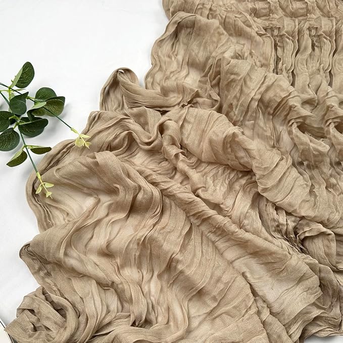 Booque Valley Nude Cheesecloth Table Runner 120 Inch 10ft Super Soft Boho Wrinkled Gauze Sheer Cloth for Baby Shower Birthday Bridal Shower Wedding Centerpiece Table Decoration, 6 Pack , Tan