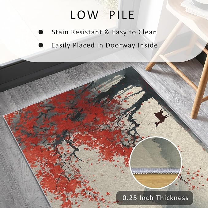 Asian Deer Runner Rug 3x9, Japanese Ink Design, Chinese Area Rug, Washable Carpet Runner for Bedroom, Standard Hallways, Kitchen Walkway, Dining Room Sideboard