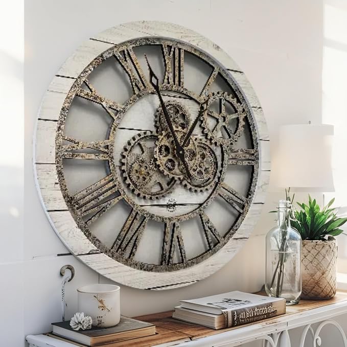 ImprovingLife The Gears Clock The Original Real Moving Gear Wall Clock Vintage Industrial Oversized Rustic Farmhouse (24 inch (60cm),White Farmhouse)