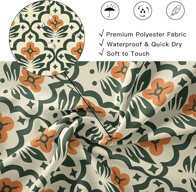 Vintage Boho Floral Shower Curtain，Mid Century Modern Abstract Orange Green Bathroom Curtain，Polyester Fabric Waterproof Bath Curtains 72x72 Inch with 12 Hooks