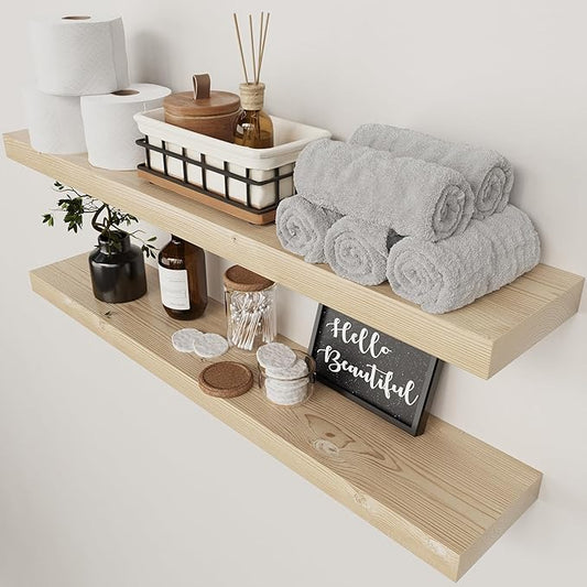 BAOBAB WORKSHOP Wood Floating Shelves for Bathroom Wall - Long Shelf 36 inch - Floating Wooden Shelves for Bedroom Kitchen Living Room - Natural Wood Shelves, 36 x 6.7 Inch, Set of 2