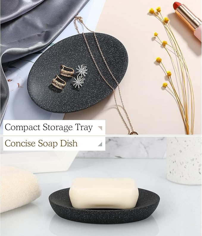 Luxspire Soap Dish, Resin Soap Tray Soap Holder Container Box, Oval Bar Soap Plate Case, Sponge Dish Scrubbers Tray Holder for Bathroom Vanity Shower Kitchen Sink Counter Top, Gravel Black