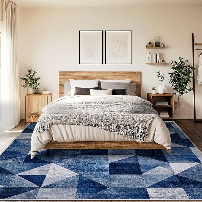 9x12 Navy Blue Area Rug Modern Geometric Blue White Beige Bedroom Rug Soft Low Pile Thin Large Carpet Living Room Non Slip Dining Room Stain Resistant Office Washable Machine