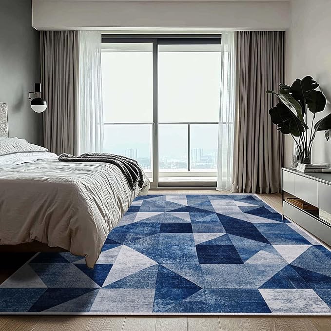 8x10 Navy Blue Area Rug Modern Geometric Blue White Beige Bedroom Rug Soft Low Pile Thin Large Carpet Living Room Non Slip Dining Room Stain Resistant Office Washable Machine