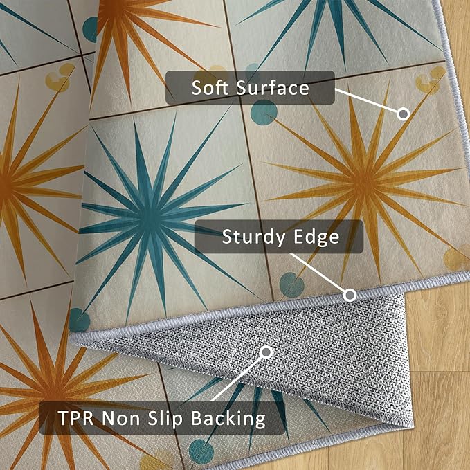 Starburst Rug Large 7x10 Mid Century Atomic Checkboard Distressed Pattern Area Rugs for Living Room, Bedroom, Starburst Home Decor Accessories Indoor Carpet, Non Slip & Machine Washable