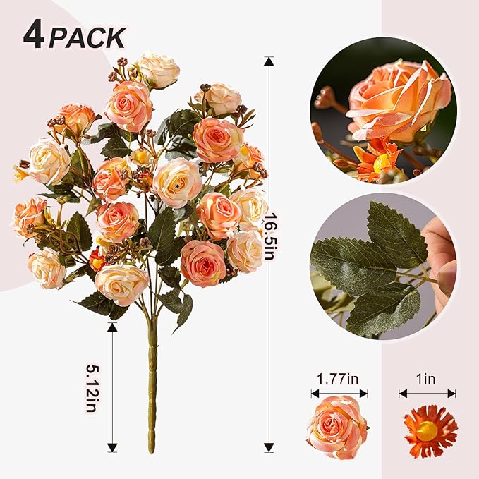 Artificial Rose Flowers for Outdoor 4 Bundles Rose Bouquet with Daisy Faux Flowers UV Resistant for Home Indoor Outside Garden Porch Window Box Balcony Yard Porch Fall Decor (Orange)