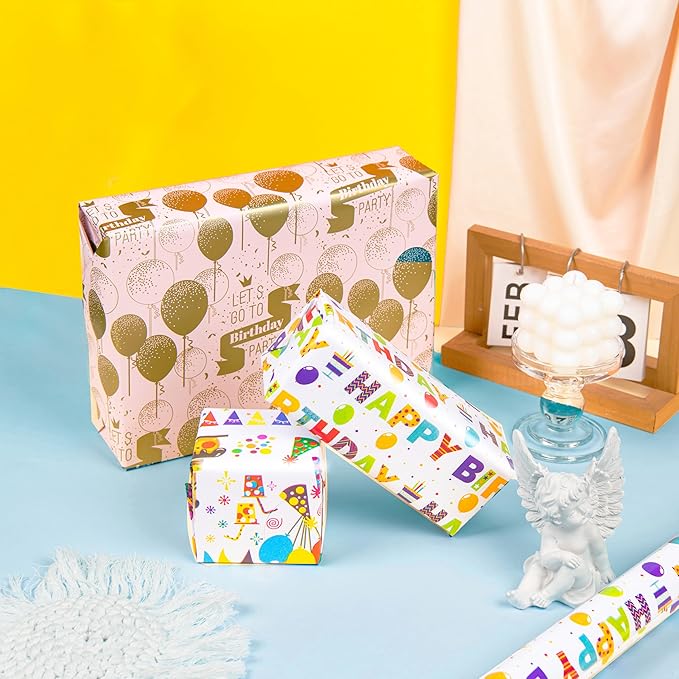 Linnoptimix Birthday Wrapping Paper Rolls -3 LARGE ROLL-27inch*78 inch per roll Colorful Foil wrapping paper (Birthday 3 White/Colorful （014）) Christmas