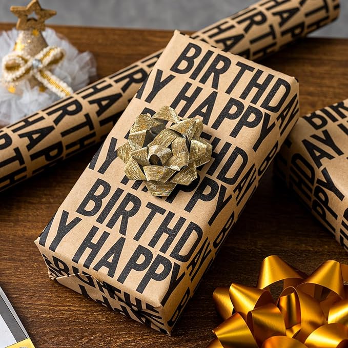 MAYPLUSS Birthday Wrapping Paper Rroll, Happy Birthday Kraft Gift Wrap for Boys Girls Men Women 17 IN x 33 FT