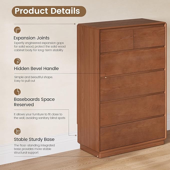 Solid Wood Dresser for Bedroom, Natural Solid Wood 6 Drawer Dresser,45.3" Tall Mid Century Modern Chest of Drawers, Closet Storage Organizer for Living Room, Bedroom