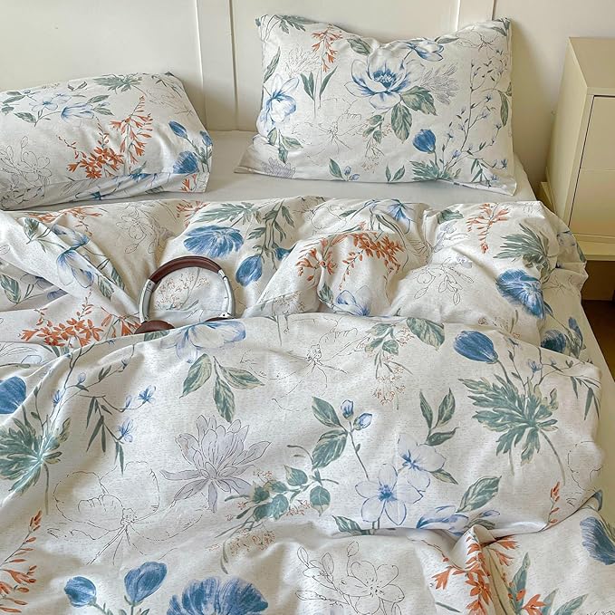 EAVD Vintage Style Botanical Floral Duvet Cover Twin Soft Cotton Chic Shabby Garden Colorful Floral Bedding Set with 2 Pillowcases Fresh Spring Botanical Duvet Cover with Zipper Closure