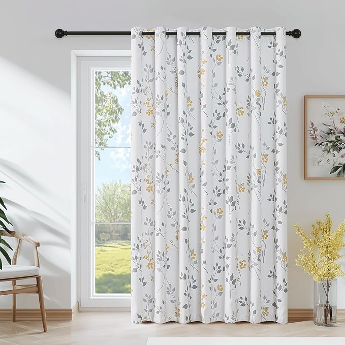 Beauoop Floral 100% Blackout Curtains 84 Inch Length 1 Panel for Patio Sliding Door Extra Wide Yellow Grey Flower Patterned Divider Room Darkening Thermal Soundproof Grommet Window Drapes, 100x84x1