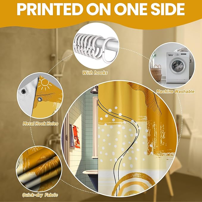 Extra Tall Shower Curtain XL Mustard Yellow Abstract, 70 x 84 Inchs | for Extra Long 84 Inchs Shower, Mid Century Modern Bohemian, Large Bathroom Decor Sets Waterproof Cloth Fabric, with Hooks