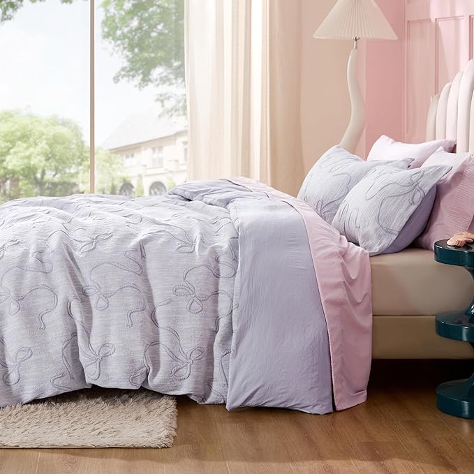 Bedsure Purple Duvet Cover Queen Size with Bowknot Jacquard Design, Soft and Elegant Boho Bedding Set, Luxurious Craftsmanship for a Stylish Bedroom,Includes 1 90"x90" Duvet Cover & 2 Pillow Shams