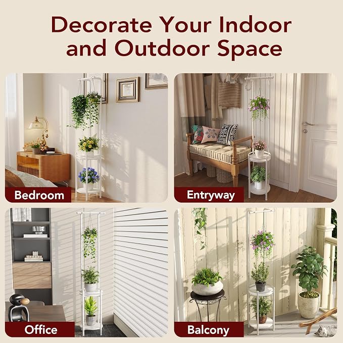 Homsorout Plant Stand Indoor Outdoor - Heavy Duty Metal 2-tier Hanging Plant Holder Space-Saving Iron Plant Stands Tall Plant Shelf for Living Room Garden Balcony (White)