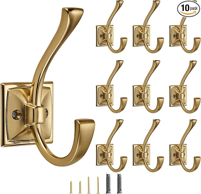 10 Pack Decorative Heavy Duty Towel Hooks for Hanging Robe Double Brushed Brass Coat Hooks Wall Mounted with Screws for Key, Towel, Bags, Cup, Hat