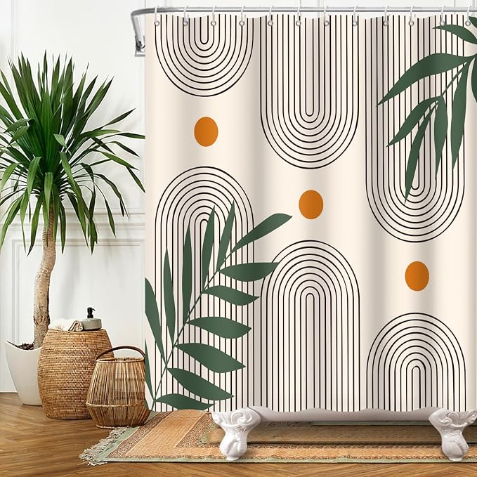 Boho Mid Century Shower Curtain Bohemian Minimalist Geometric Arch Sun Bathroom Curtain Sage Green Plant Polyester Shower Curtain Sets for Bathroom Extra Long 72x96 in with 12 Hooks
