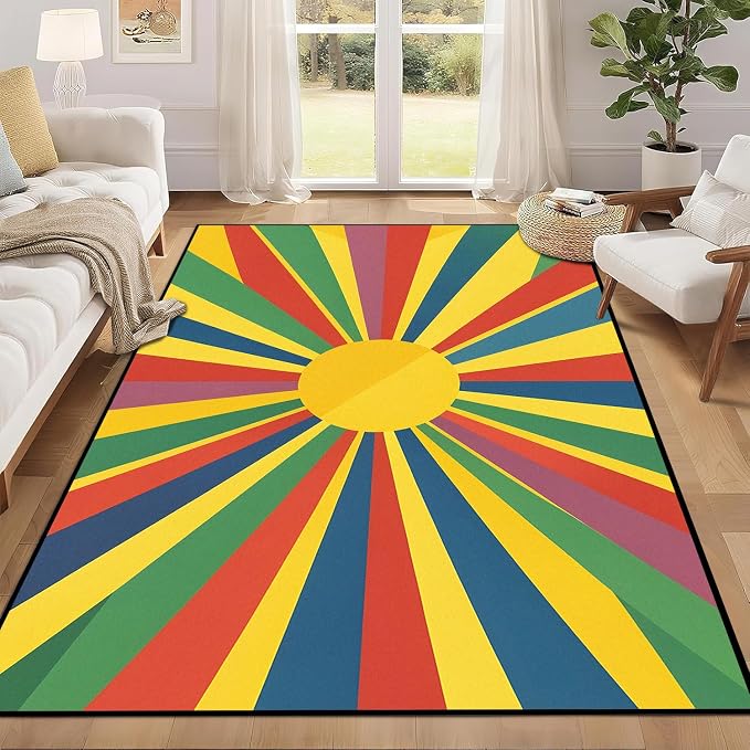 Rainbow Sunburst Area Rug Colorful Geometric Sun Carpet Soft Non-Slip Washable Floor Mat for Bedroom Living Room Nursery Playroom Classroom Home Decor,4'x6'