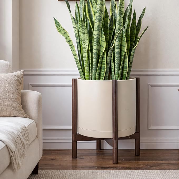 D'vine Dev Planter Pot with Stand - 16 Inch Plastic Cylinder Flower Pot with Wood Planter Holder for Indoor, Oatmeal Pot + Walnut Color Stand, 55-C-X-4