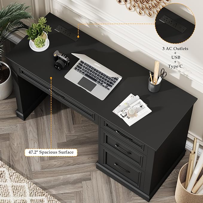 Farmhouse 47" Executive Desk, Computer Desk with Drawers and File Drawer, Workstation Computer Desk with Charging Station for Home Office, Study,(Pure Black)
