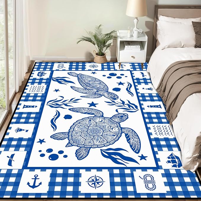 Sea Turtle Rug Coastal Ocean Print Floor Mat Blue and White Plaid Area Rug for Entryway Bedroom Living Room Nursery Kitchen Playroom Home Decor Non-Slip Washable Carpet,2'x3'