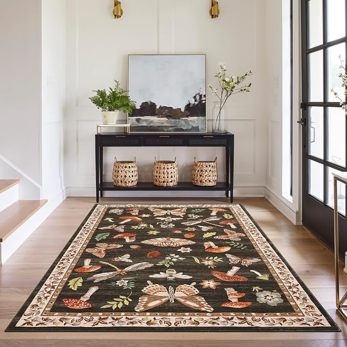 Washable 8x10 Mushroom Floral Rugs for Living Room Low Pile Soft Bedroom Large Accent Carpet Non Slip Non Shedding Nursery Playroom Carpet Mats Boho Vintage Brown Carpets for Dining Apart Dorm, Brown