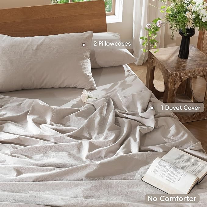MooMee Bedding Duvet Cover Set 100% Washed Cotton Linen Like Textured Breathable Durable Soft Comfy (Solid Light Tan, Cal King 104"x98")